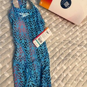 Speedo Vibrant Blue and Red Patterned Swimsuit